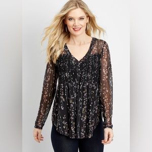 Black Mesh Floral Smocked Bust Blouse | Maurice’s